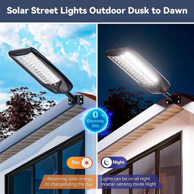 MMKT Solar Lights Outdoor, 12000W 3 Color Solar Street Lights, Commercial Solar Parking Lot Lights Waterproof Dusk to Dawn, Security Flood Lights with Motion Sensor for Yard, Basketball Court 2Pack