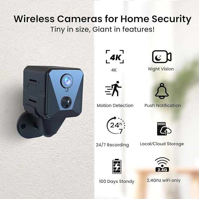 Funstorm 2025 Upgraded Security Camera, 4K HD Mini Nanny Cam for Home with Night Vision, WiFi Indoor Camera, 100 Days Long Battery Life, Motion Detection, Remote Viewing, Wireless Surveillance Cam