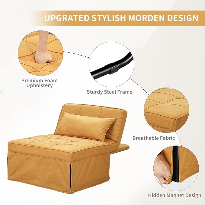 Yellow Sofa Bed, Convertible Chair 4 in 1 Multi-Function Modern Folding Ottoman - Image 4