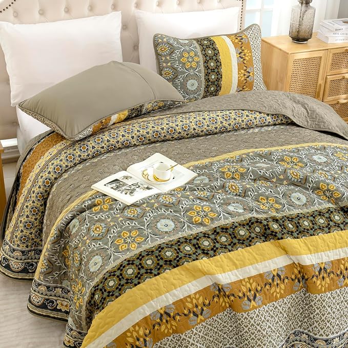 Yiran Quilts King Size, Taupe Yellow Boho Vintage Bedspreads Bedding Set | Fall - Image 3