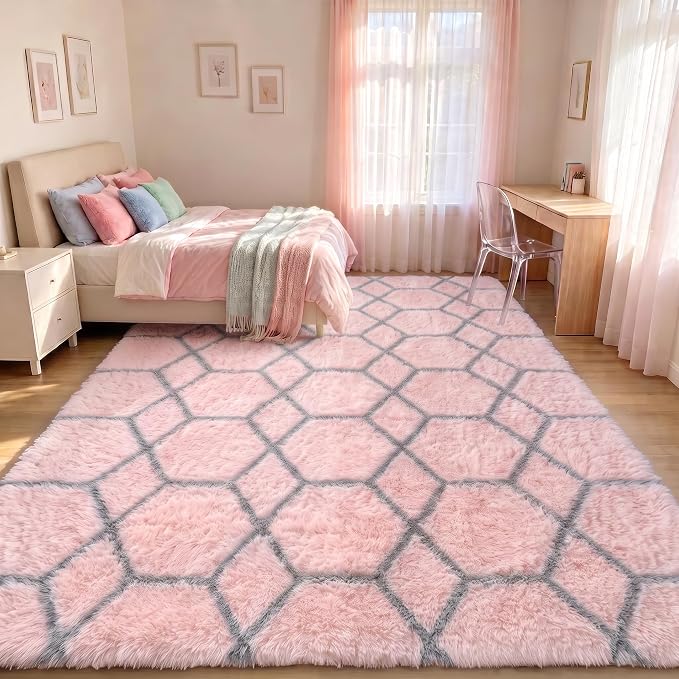 6x9 Area Rugs for Living Room Bedroom, Large Fluffy Pink and Grey Throw Rug - Image 5