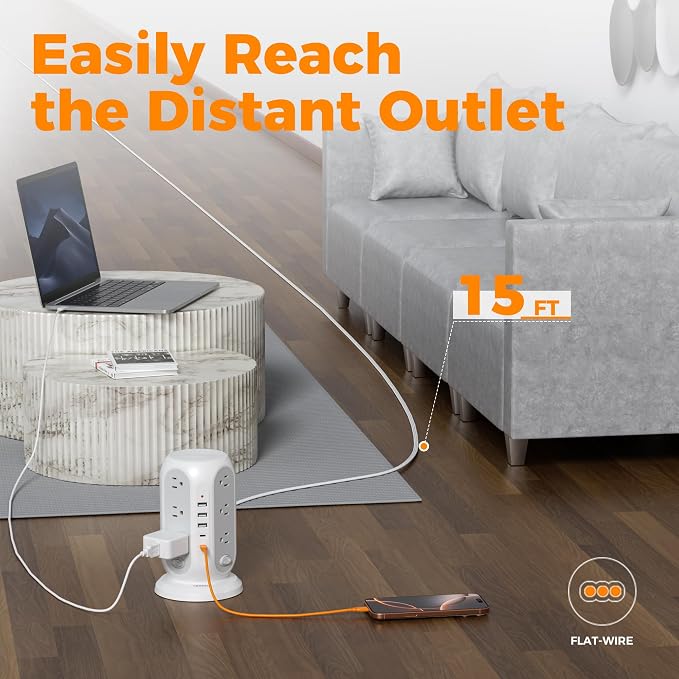 TESSAN Tower Power Strip Surge Protector, Flat Extension Cord 15 Ft, 5 USB Ports - Image 2