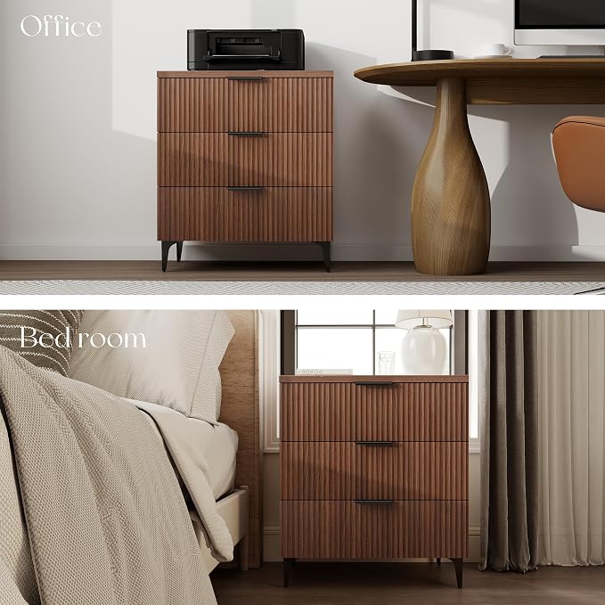 25.6" W Fluted Nightstand with 3 Drawer, Mid-Century Modern Night Stands | - Image 5