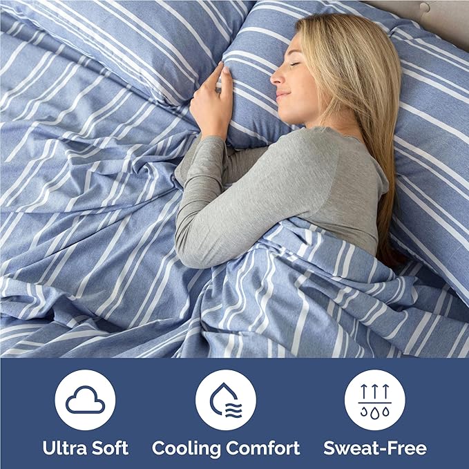 Full 6 Piece Sheet Set - Cooling, Comfy & Breathable - Hotel Luxury Bedding, Includes Fitted Sheet for Women, Men, Kids & Teens - 1 Flat, 1 Fitted Sheet, 4 Pillowcases w/Deep Pockets - Blue Stripes