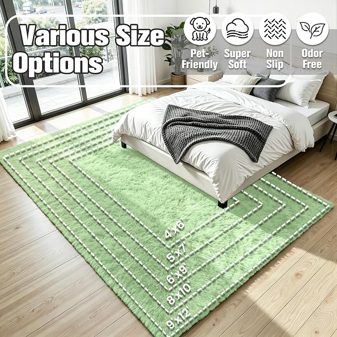 8x10 Fluffy Area Rug for Living Room: Non-Slip Light Green Bedroom Carpet | - Image 8