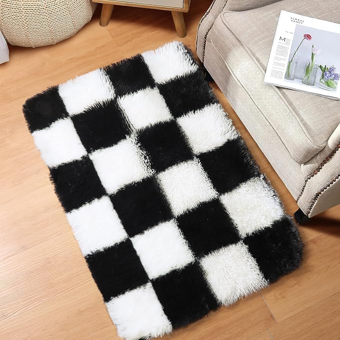 KICMOR Small Rug for Bedroom, 2x3 Fluffy Soft Black and White Checkered Rug - Image 3