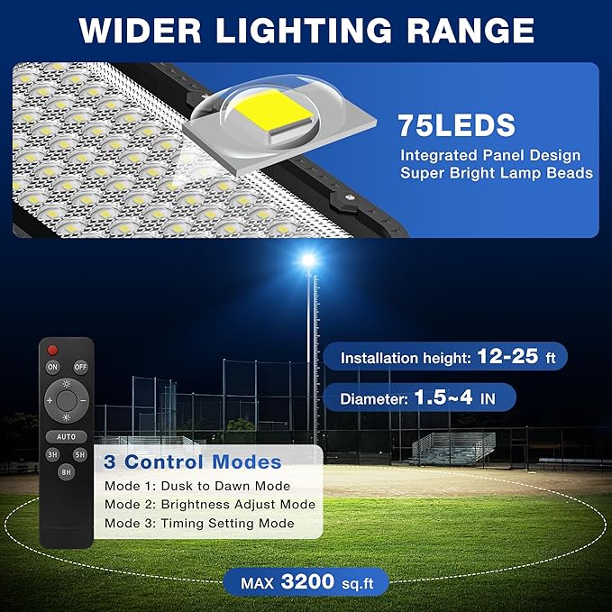 OKPRO 12000W Solar Street Lights Outdoor - 6500K Commercial Parking Lot Lights Dusk to Dawn, Waterproof Solar Powered with Remote Control, High Brightness Solar Street Light for Driveway/Yard/Garage