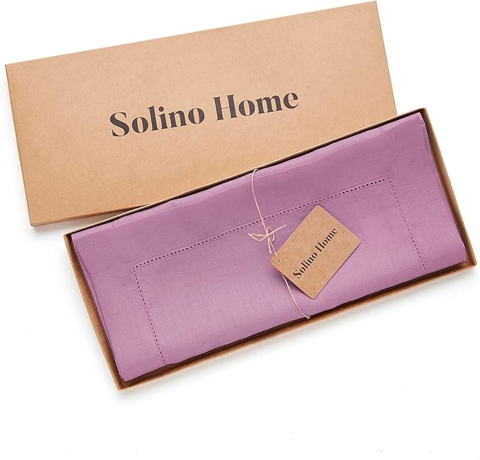 Solino Home Linen Violet Table Runner 90 Inches Long - 100% Pure Linen Hemstitch 14 x 90 Inch Table Runner for Dining - Classic Hemstitch
