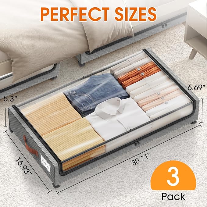Under Bed Storage with Wheels 3Pack Storage Containers with Clear Window | - Image 2