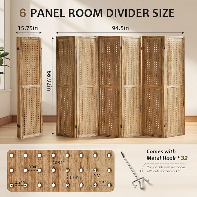 6 Panel Pegboard Room Divider, Folding Privacy Screen, Natural | 5.6 Ft Tall - Image 3