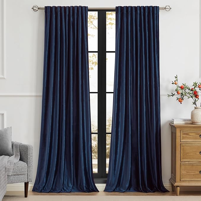Navy Blue Velvet Curtains 84 inch Long by PRIMROSE