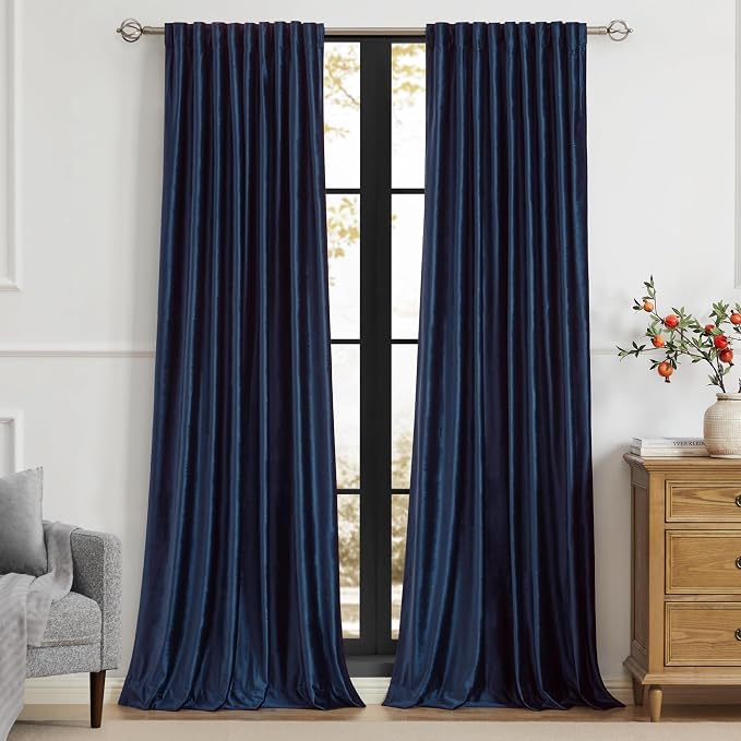 Navy Blue Velvet Curtains 120 inch Long by PRIMROSE