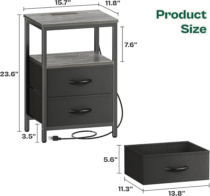 Huuger Night Stand with Charger Station and LED Lights, 2 Drawer Nightstand | - Image 3