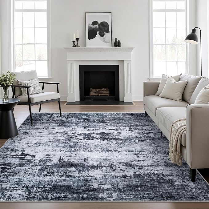 Area Rug Living Room: 6x6 Modern Washable Indoor Carpet Black | by FXRHLP