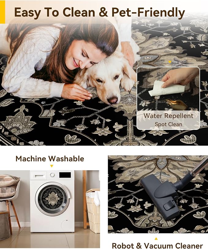 RELEANY Washable Area Rug, Round 8ft, Water Repellent, Pet Friendly, Vintage - Image 5