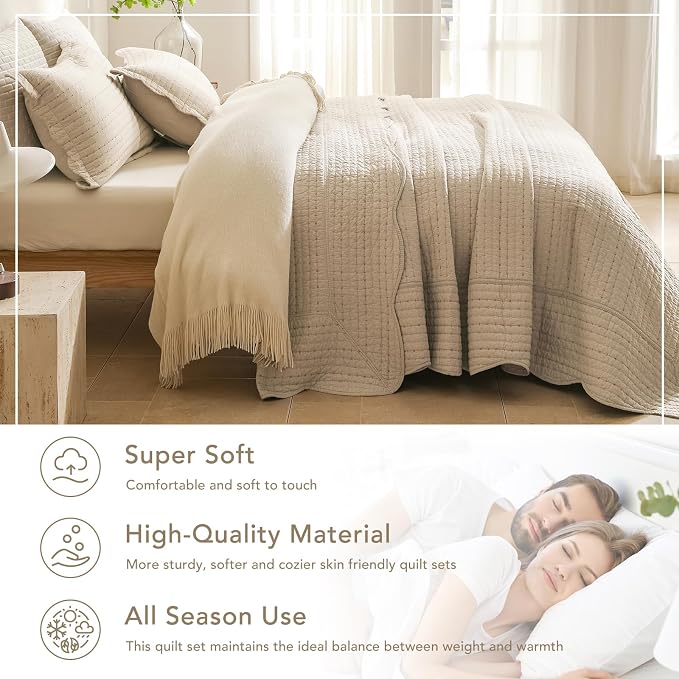 Lady Ann Oversized King Bedspreads 128x120, Linen Colored Ultra Soft Scalloped - Image 5
