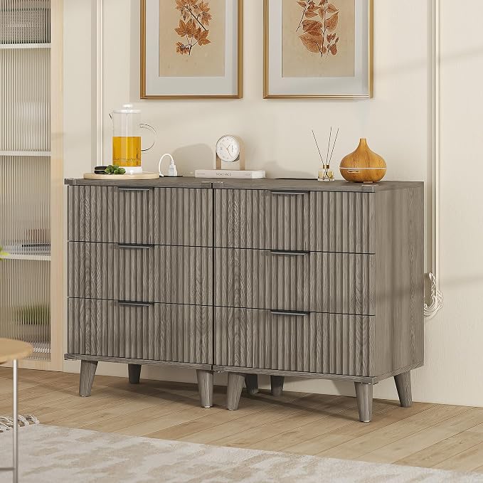 Wood Bedside Table w/Charging Station, 3 Drawers Fluted Dresser | Dark Grey - Image 2