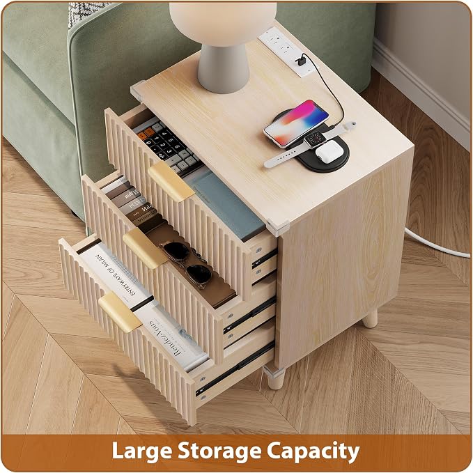 Wood Nightstands Set of 2 w/Charging Station, 3 Drawers Fluted Dresser | Natural - Image 4