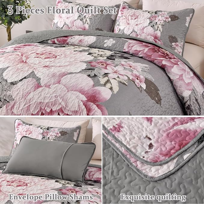 WONGS BEDDING Grey Quilt Queen Size, Lightweight Botanical Coverlet Set - Image 5