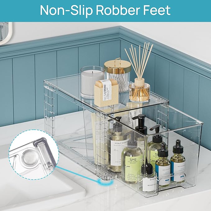 Vtopmart 6 Pack Clear Stackable Storage Drawers,Easy to Assemble Bathroom Organizers and Storage with handles,Plastic Drawers for Kitchen Pantry,Cabinet,Under Sink Organization
