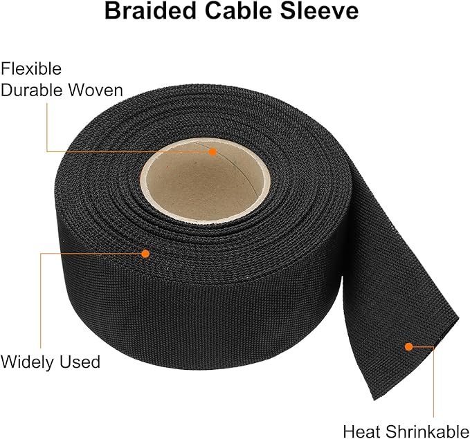 MECCANIXITY Braided Cable Sleeves Heat Shrinkable Fabric Sleeving, 1 9/16" 40ft Black 2:1 Ratio Heat Shrinkable Cord Protector for Harness Cable, Network Cable Protection, Cable Management