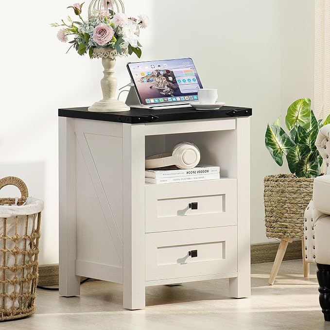 Joaxswe Nightstand with Charging Station and 2 Drawers, Farmhouse | White Night - Image 3