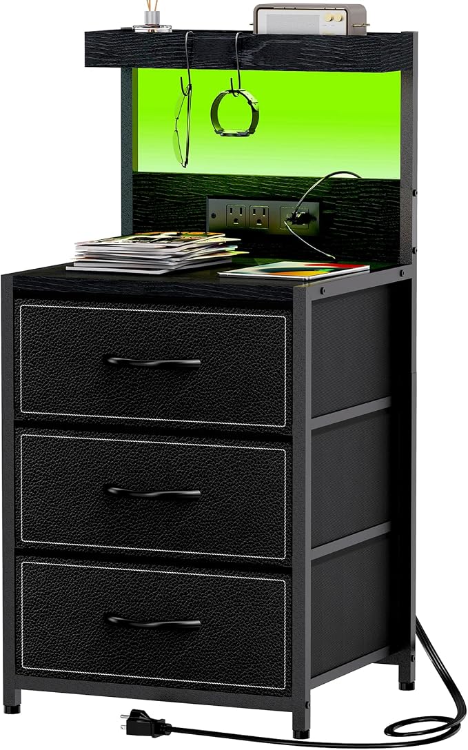 SZLHANJZ LED Nightstand with Charging Station, 3 Fabric Drawers Night Stand | by SZLHANJZ