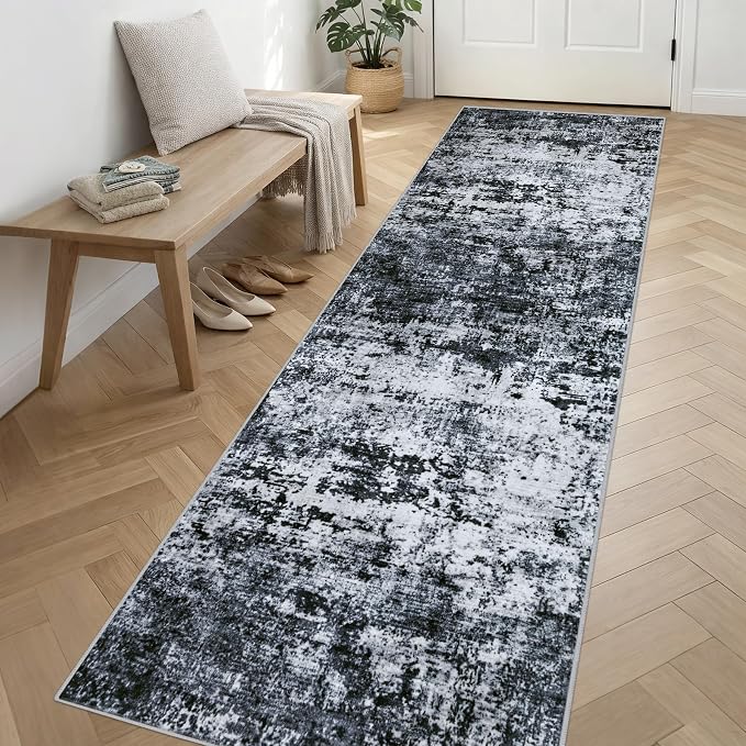 3x14 Washable Runner Rug：Modern Abstract Kitchen Carpet Black | - Image 3