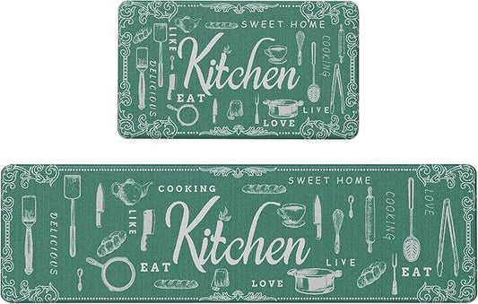 GENIMO Anti Fatigue Kitchen Mats for Floor, Non Slip Washable Kitchen Theme Rugs sets of 2, Farmhouse Cushioned Waterproof Comfort Runner Rug for Kitchen, Sink, Desk, Laundry, 17"x 59"+17"x 30", Green