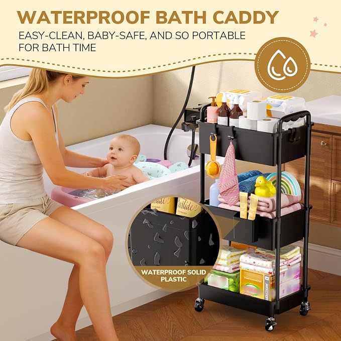 Goovilla Diaper Cart with Lockable Wheels and Easy Assembly, 3 Tier Black | - Image 3