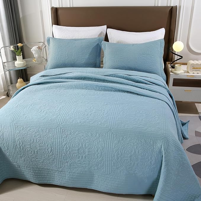 ROOMLIFE Quilt Set Queen Size 3D Floral Embroidery Pattern 3-Piece Cotton - Image 2