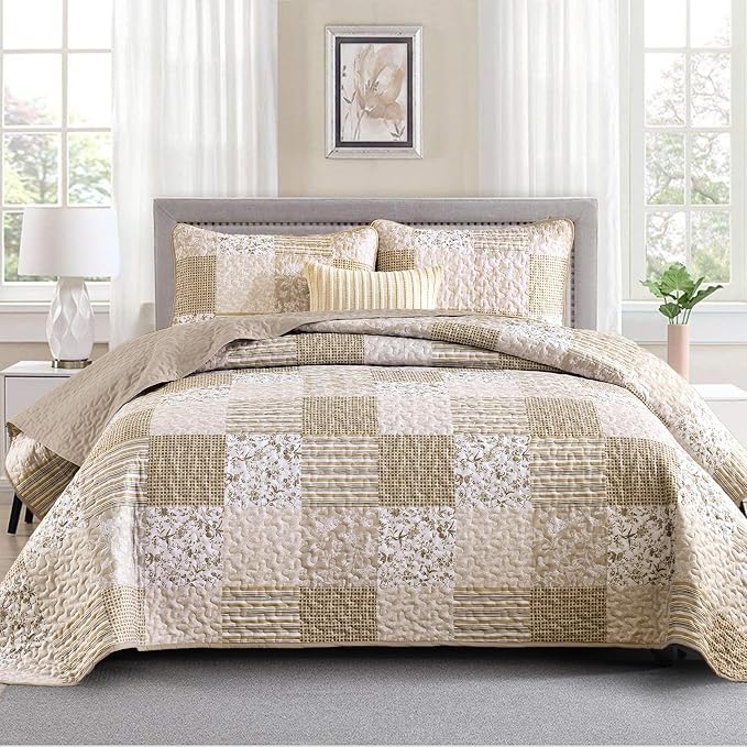 Mybedsoul Beige Boho Quilt Set Twin Size Dorm Bedding, 2 Pieces Plaid Floral by Mybedsoul