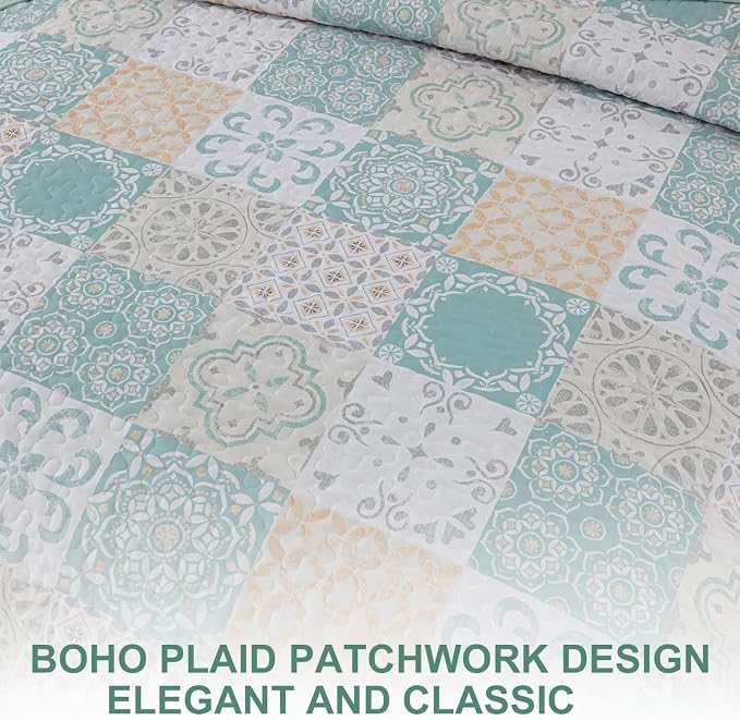 Dobuyly Patchwork Quilt Set Queen Size 3 Pieces Sage Green Yellow Boho Plaid - Image 4