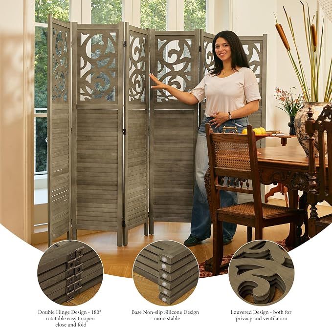 Room Divider Wood Carved Wall Divider Indoor Folding Portable Partition Screen - Image 2