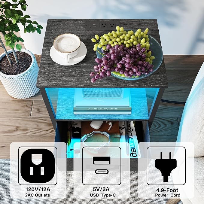 TUTOTAK Nightstands Set of 2, LED End Table - Image 4