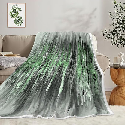 Abstract Throw Blankets, Modern Green Gold CrackNon Cozy Warm Bed Couch Blanket, Stripe Contemporary Abstract Painting White Fleece Flannel Throws to Decorate The Room and Bedroom