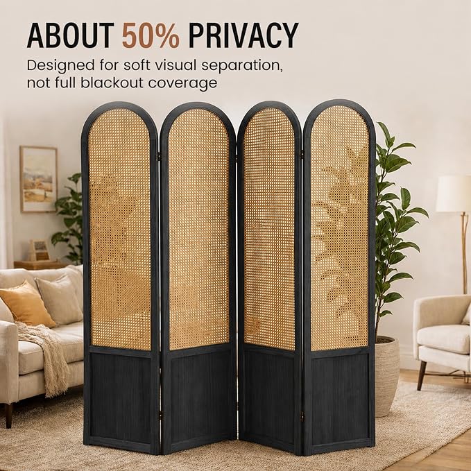 4 Panel Rattan Room Divider Screen, Boho Folding Privacy Screen | Decorative - Image 2