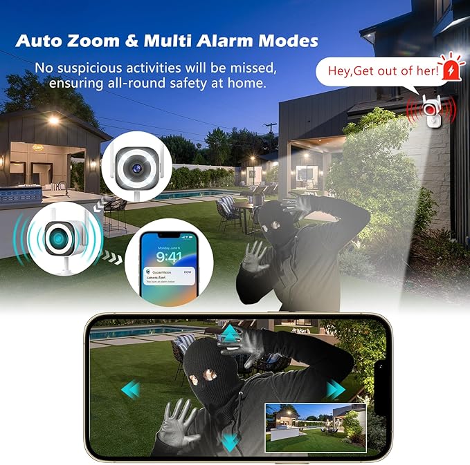 GUOANVISION Dual-Antenna Stable 5G WiFi Camera for Home Security,3X Zoom 2K Outdoor Indoor Security Camera,Baby/Pet Monitor wih Color Night Vision,Motion Detection,2-Way Talk,Siren,IP66, SD Card/Cloud