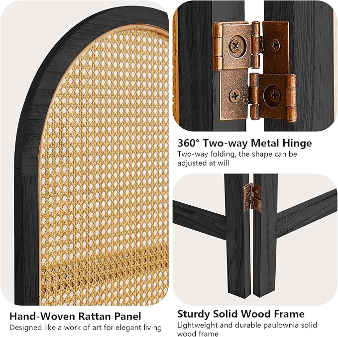 3 Panel Rattan Room Divider Screen, Boho Folding Privacy Screen | Decorative - Image 5