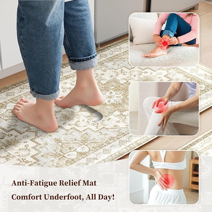 Boho Kitchen Mats for Floor 2 Piece Set Anti Fatigue Cushioned PVC Kitchen Rugs Non Slip Waterproof Farmhouse Mats 2/5 Inch Comfort Standing Mat for Sink, Laundry, 17.3"x59"+17.3"x28", Beige Tan