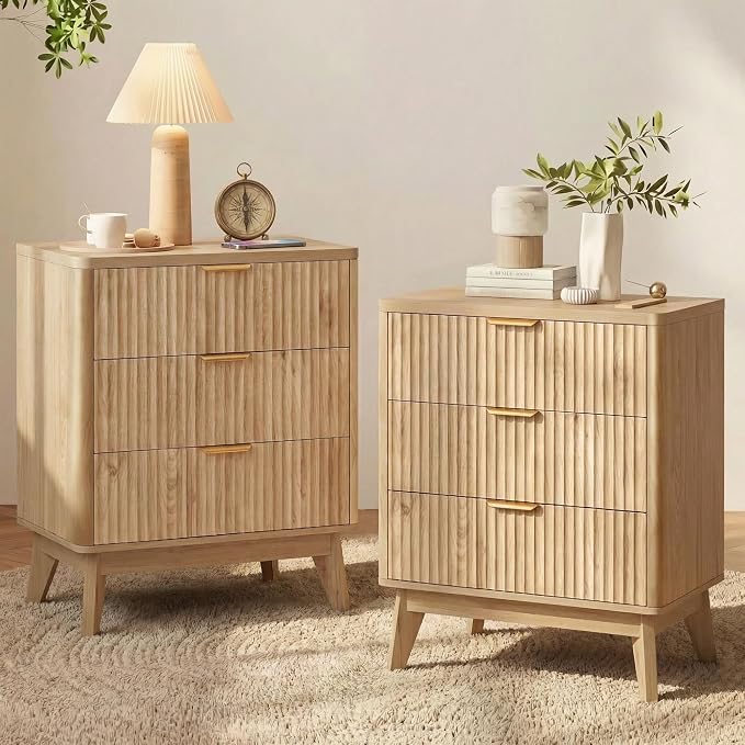 LYNCOHOME Fluted Nightstand Set of 2, Wood Bedside Table by LYNCOHOME