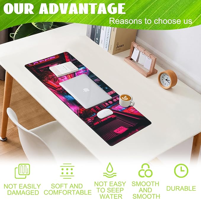 Eflxamz Desk Mat,Japanese Anime Neon Street Desk Pad,Anime City Large Gaming Mouse Pad for Desk,Extended Big Computer Keyboard Mouse Pad with Non-Slip Base and Stitched Edge,31.5"x11.8"