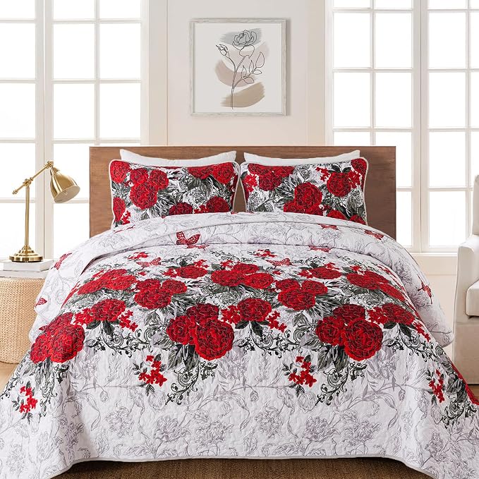Yiran Full Size Quilt Red, Rose Floral Bedspread Bedding Set | 3 Pieces by Yiran