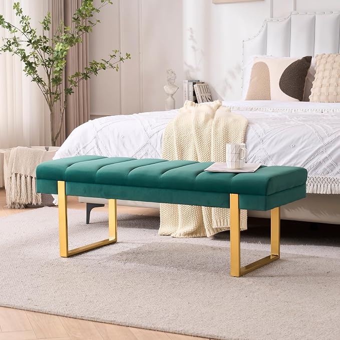 46" Velvet Green Bench with Gold Legs by AIITTCC