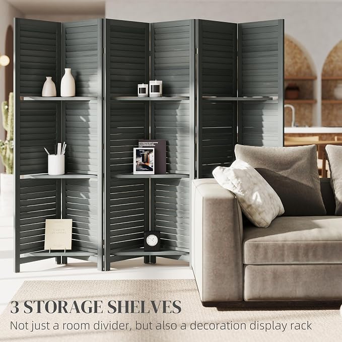 HOMCOM Room Divider with Shelves, 6 Panel, 3 Display Shelves, Folding Storage - Image 3