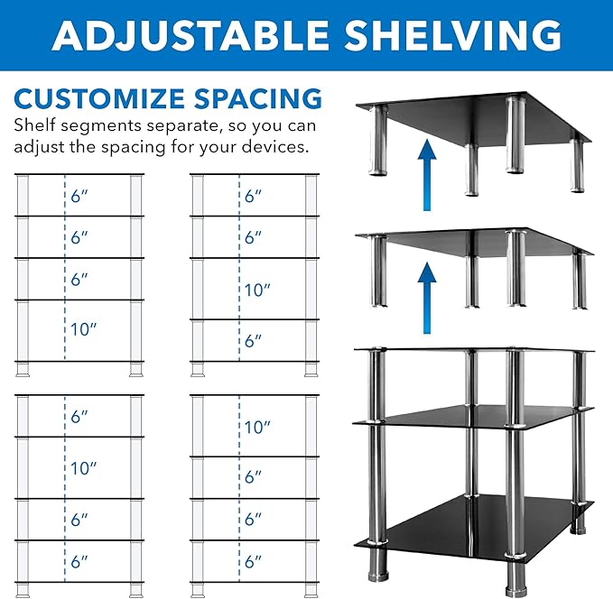 Mount-It! Tempered Glass AV Component Media Stand, Audio Tower and Media Center with 5 Shelves, 220 Lbs Total Capacity, Black Shelves Chrome Legs (MI-8671)