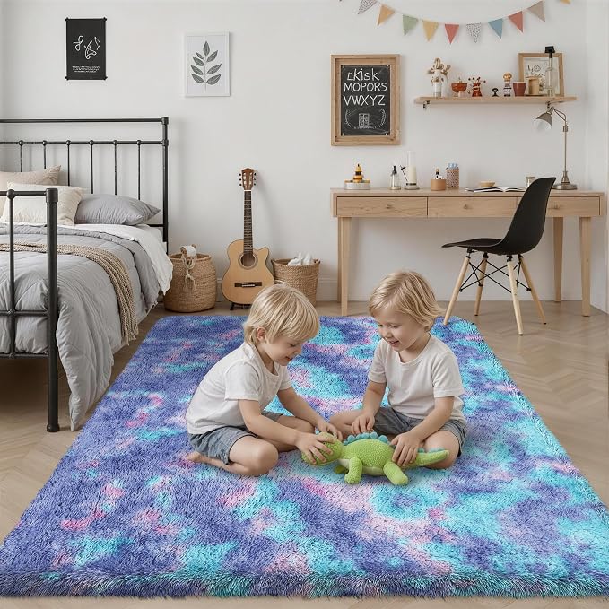 Area Rug Living Room Bedroom: 6x9 Fluffy Plush Shag Carpet Rainbow | - Image 7