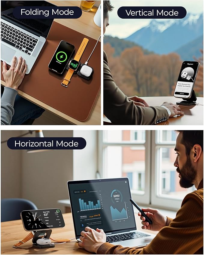 KU XIU X55Q Foldable 3 in 1 Magnetic Wireless Charger, 15W Qi2 Fast Charge for iPhone 17/16/15/14/13/12 and iPhone Air, 5W for Apple Watch 11–4/SE/Ultra, for AirPods 4/3/2/Pro 3/2/1 with 45W Adapter