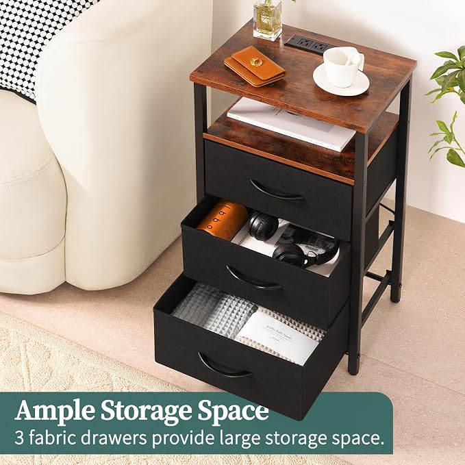 Yoobure Night Stand with Charging Station, 3 Fabric Drawers Nightstand - Image 5