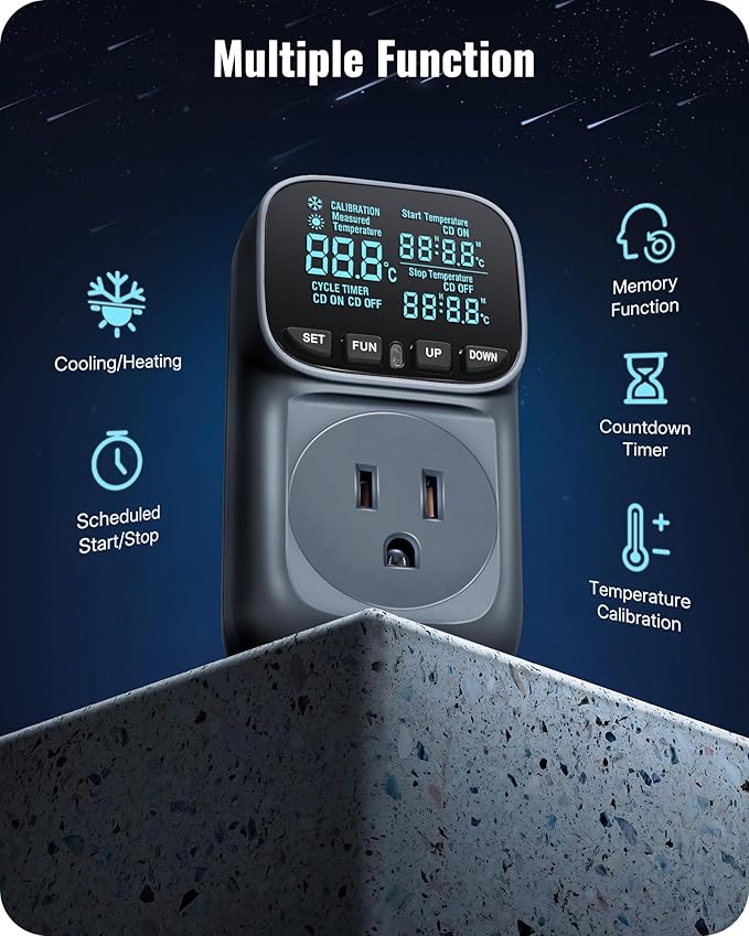 WILAWELS Digital Temperature Controller Outlet, 15A/1800W Heavy Duty Thermostat Plug, VA LCD Display, Heating/Cooling Control, -40°F~210°F, 4 Timer Modes, for Greenhouse Incubator Homebrew B01TC06